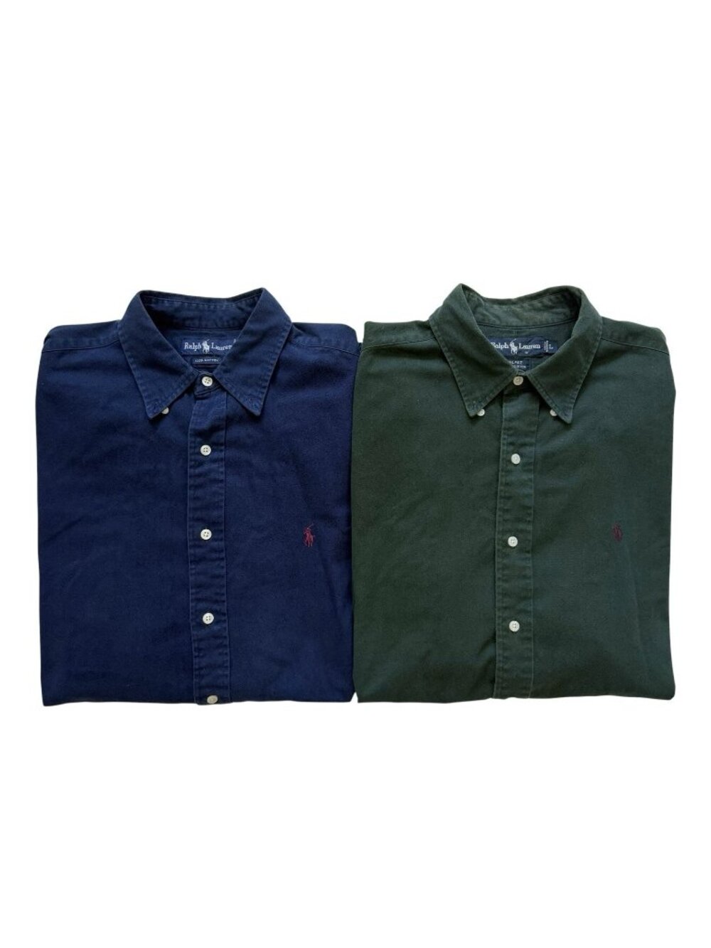 (2) VTG Ralph Lauren Size Large Blue & Green Heavy Cotton Button Down Shirts Lot
